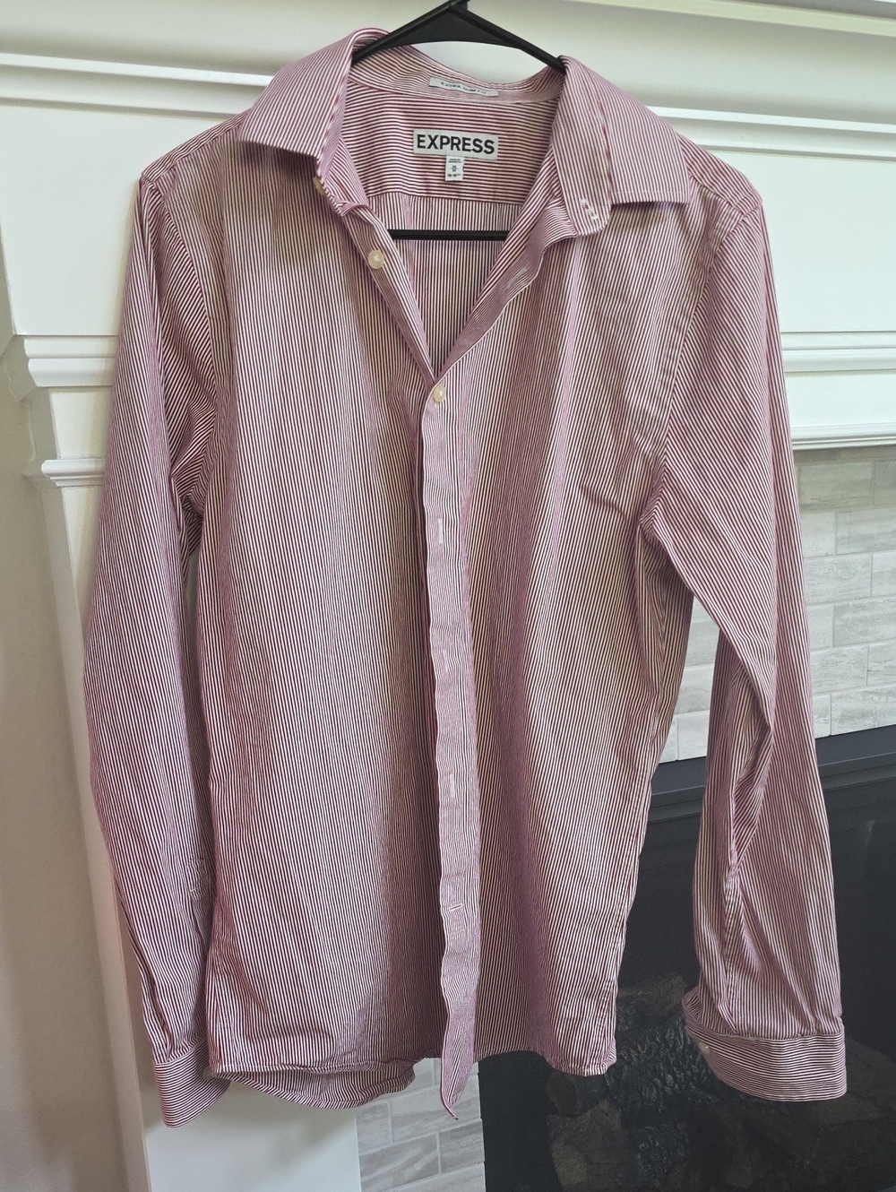 Express Men's Pink and White Micro-Stripe Dress Shirt